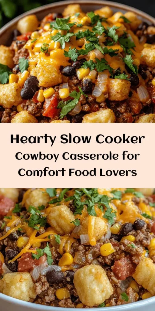 Enjoy a taste of the Wild West with this easy Slow Cooker Cowboy Casserole! Packed with ground beef, black beans, corn, and a kick of flavor from tomatoes and taco seasoning, this dish is perfect for busy days. Layer it with crispy tater tots and cheesy goodness for a comforting meal that the whole family will love. Simply set it and forget it in your slow cooker, and come home to a hearty, delicious dinner. Don't forget to garnish with fresh cilantro!