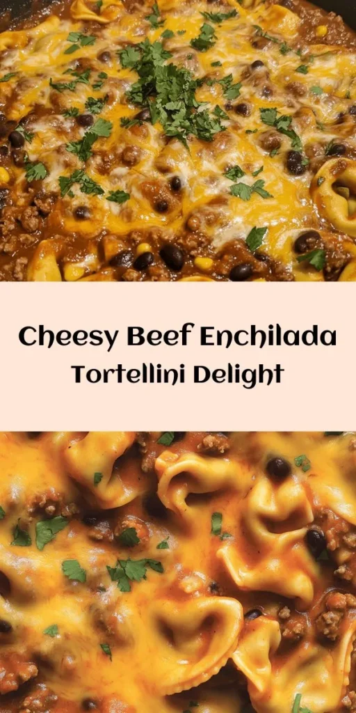 Indulge in this delicious Cheesy Beef Enchilada Tortellini, a flavorful twist on classic comfort food! With just 30 minutes from prep to table, this dish features cheese-filled tortellini combined with seasoned ground beef, black beans, corn, and zesty enchilada sauce. Topped with melted cheddar and Monterey Jack cheeses, it’s perfect for busy weeknights or a cozy family dinner. Garnish with fresh cilantro for a pop of color and freshness!