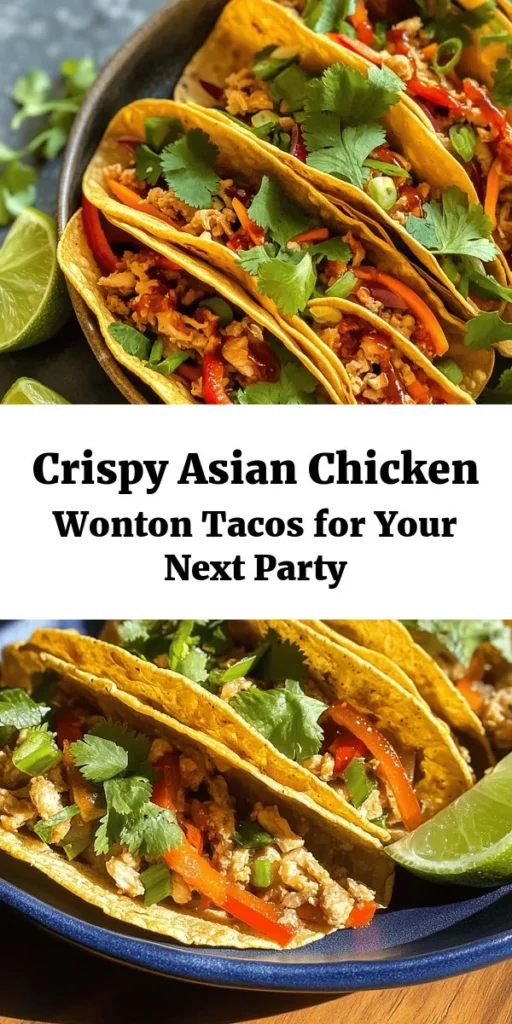Add some excitement to your next gathering with these delicious Asian Chicken Wonton Tacos! This crispy appetizer features homemade wonton shells filled with a savory chicken mixture infused with soy sauce, hoisin, garlic, and ginger. Packed with vibrant vegetables, they're easy to make and perfect for sharing. Top with fresh cilantro and a drizzle of sriracha for an extra kick. Get ready to impress your guests with this fun twist on tacos!