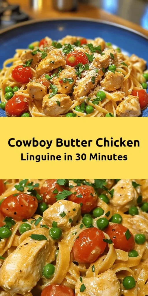 Discover the ultimate comfort food with this Easy Cowboy Butter Chicken Linguine! With tender chicken simmered in a creamy sauce, combined with garlic, cherry tomatoes, and peas, it's a hearty dish ready in just 30 minutes. Perfect for weeknight dinners, you can customize the spice level to your liking. Serve it topped with fresh parsley and Parmesan for an extra touch. Your family will love this flavorful pasta dish!