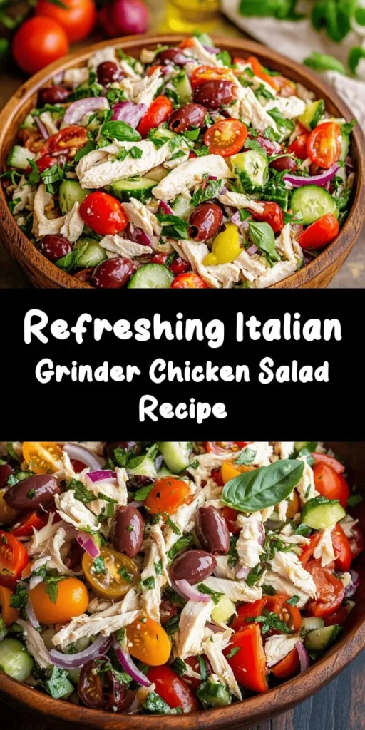 Discover the deliciousness of Italian Grinder Chicken Salad! This refreshing salad combines cooked chicken, cherry tomatoes, red onion, cucumber, roasted red peppers, Kalamata olives, and provolone cheese, all tossed in a zesty dressing of olive oil, red wine vinegar, and spices. Perfect for a light lunch or dinner, serve it on a bed of greens, in a wrap, or as a sandwich filling. Quick to prep with big flavor, it’s a meal everyone will love!