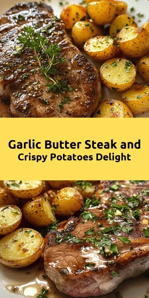 Indulge in this mouthwatering Savory Garlic Butter Steak & Potatoes recipe! Perfectly seared ribeye steaks are paired with crispy baby potatoes sautéed in rich garlic butter. This dish brings incredible flavor with fresh rosemary and thyme, making it perfect for a cozy dinner. With just a few simple steps, you can create a restaurant-quality meal at home. Ready in 45 minutes, it’s sure to impress! Don't forget to garnish with fresh parsley for that extra touch. Enjoy!