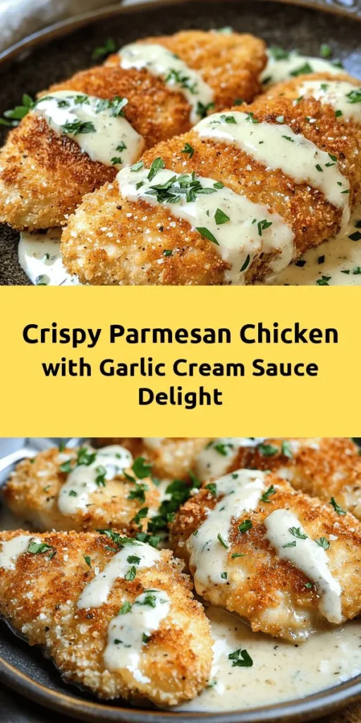 Indulge in this Crispy Parmesan Chicken topped with a dreamy garlic cream sauce that's sure to impress! With tender chicken, a golden crunchy coating, and a rich, savory sauce, this dish is perfect for dinner. It's easy to make with simple ingredients like Parmesan cheese, garlic, and fresh herbs. Ready in just about 45 minutes, it's great for weeknight meals or special occasions. Try this recipe for a delicious and satisfying meal that your whole family will love!