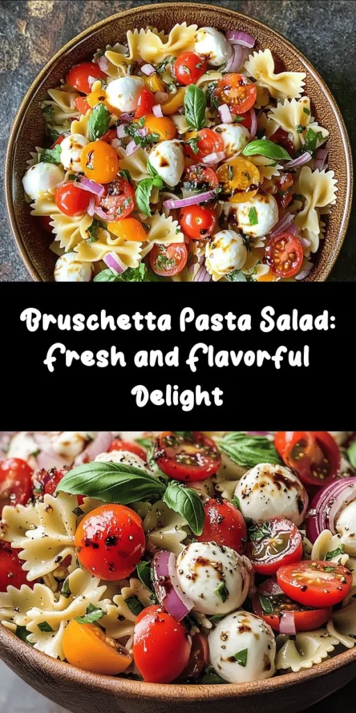 Looking for a refreshing pasta dish? Try this Vibrant Bruschetta Pasta Salad! Packed with cherry tomatoes, mozzarella, fresh basil, and a zesty balsamic dressing, it's perfect for a light meal or a side at your next gathering. Easy to make with just a few simple ingredients, it’s ready in about 45 minutes. Serve it chilled, and let the flavors meld for an irresistible taste. Great for summer picnics or quick weeknight dinners!