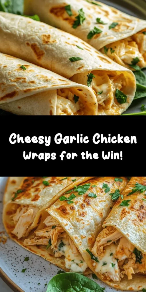 Indulge in these delicious Cheesy Garlic Chicken Wraps! Perfect for a quick meal, these wraps feature a creamy filling made from shredded chicken, mozzarella, and a blend of savory garlic flavors. Paired with fresh spinach and wrapped in a tortilla, they are crispy on the outside and wholesome on the inside. Ideal for lunch or dinner, this recipe is both easy to make and full of flavor. Get ready to impress your family and friends with this cheesy delight!