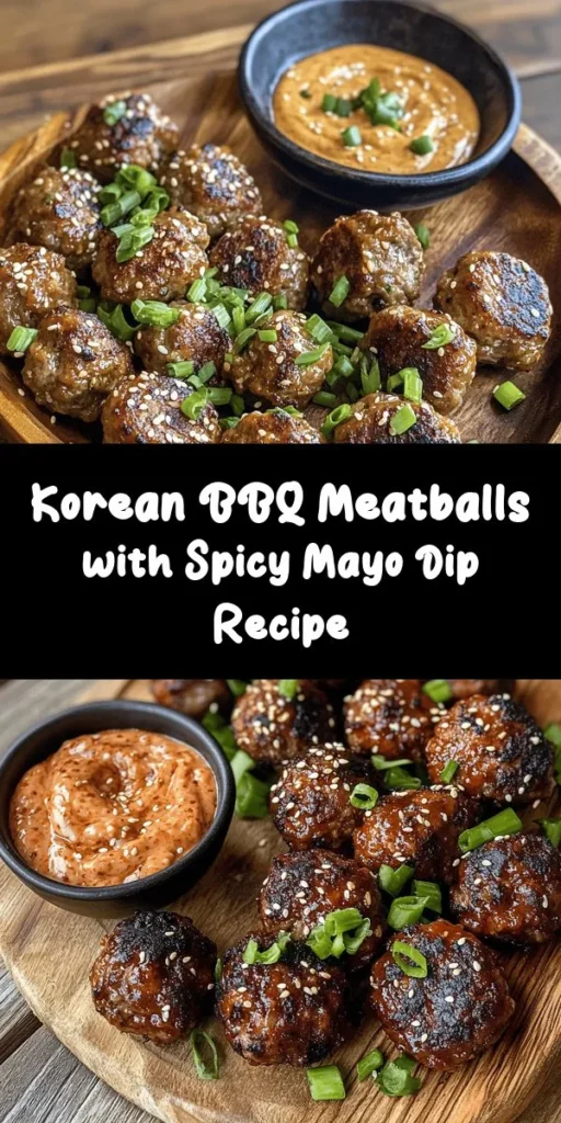 Try these delicious Korean BBQ Meatballs with a spicy mayo dip for your next gathering! Made with a blend of ground meat, fresh garlic, ginger, and green onions, these meatballs are bursting with flavor. Bake them to perfection and serve with a creamy, spicy mayo dip that adds just the right kick. Perfect as an appetizer or a main dish, this recipe is quick and easy, taking only 40 minutes from prep to plate. Ideal for sharing or enjoying solo!