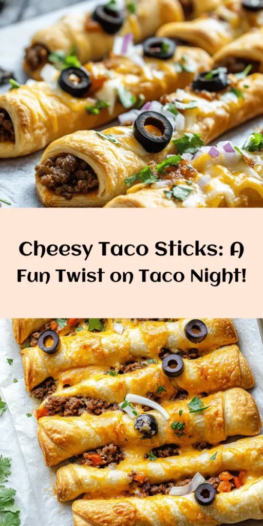 Bring the fiesta to your kitchen with these delicious Cheesy Taco Sticks! Made with crescent roll dough and filled with savory ground beef, cheese, and taco seasoning, they're a perfect snack or party appetizer. Just roll, bake, and enjoy! Pair with salsa or guacamole for an extra kick. Ready in just 30 minutes, these cheesy treats are sure to please the whole family. Get creative with toppings and make them your own!