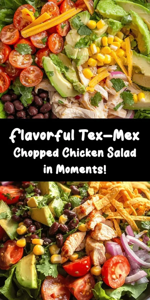 Looking for a fresh and vibrant meal? Try this Tex-Mex Chopped Chicken Salad! Packed with protein from chicken and black beans, plus colorful veggies like cherry tomatoes and bell pepper, this salad is a feast for the eyes and taste buds. Tossed in a zesty lime dressing and topped with cheese and tortilla strips, it's perfect for any occasion. Quick to prepare in just 15 minutes, this salad serves four and is sure to be a crowd-pleaser!