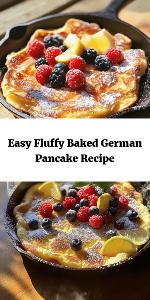 Get ready to impress with this Fluffy Baked German Pancake Delight! This easy recipe combines eggs, milk, flour, and a hint of vanilla for a delicious breakfast treat that's perfect for any occasion. Simply whisk the ingredients, melt some butter in a skillet, and bake until golden. Serve with powdered sugar, fresh berries, or a drizzle of maple syrup for an unforgettable meal. Perfect for sharing with family or friends! Enjoy this fluffy masterpiece in just 35 minutes!