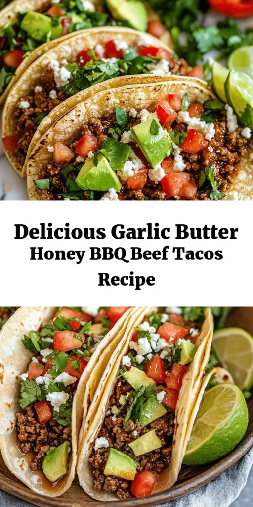 Savor the irresistible flavors of Garlic Butter Honey BBQ Beef Tacos! With savory ground beef cooked to perfection and coated in a rich garlic butter and BBQ honey glaze, these tacos are a game changer. Topped with fresh lettuce, juicy tomatoes, creamy avocado, and crumbled queso, they are both delicious and visually appealing. Perfect for a quick weeknight dinner, these tacos are sure to impress family and friends. Try this simple recipe and enjoy every bite! 🌮🧄