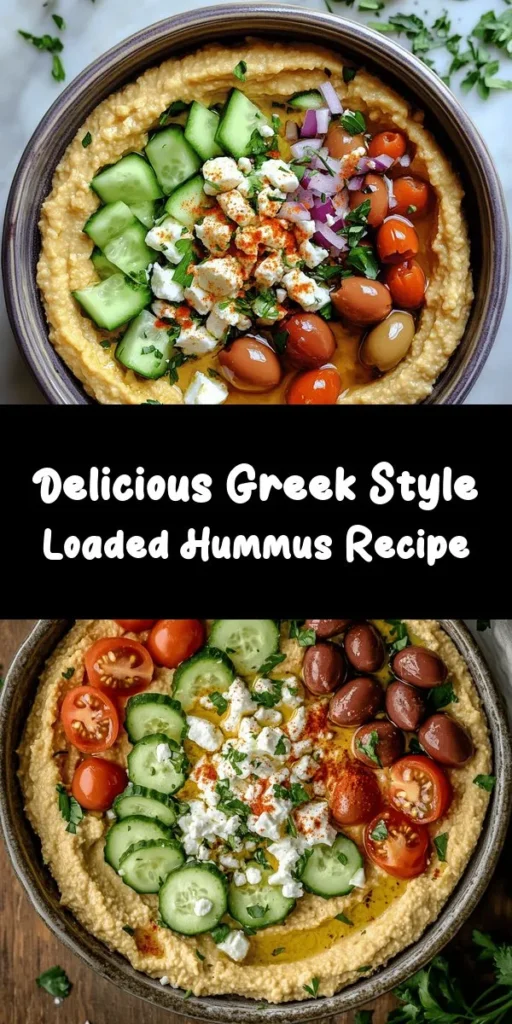 Elevate your snack game with this delightful Greek Style Loaded Hummus! Creamy chickpeas blended with tahini and garlic form a flavorful base, perfect for topping with fresh cucumber, cherry tomatoes, Kalamata olives, and crumbled feta. A dollop of Greek yogurt and a sprinkle of parsley give it a fresh burst, while a dash of smoked paprika adds a touch of spice. Serve it with pita bread or veggies for an irresistible appetizer or healthy dip!