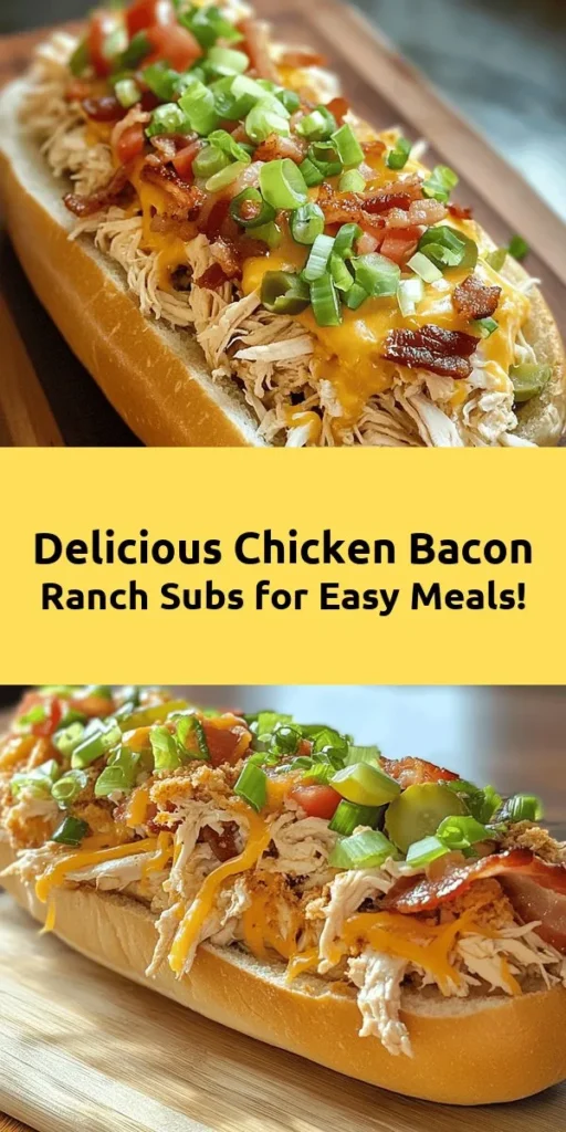 Sink your teeth into this irresistible Chopped Chicken Bacon Ranch Sub! 🥪 This easy recipe combines shredded chicken, crispy bacon, and creamy ranch dressing, topped with cheddar cheese and fresh green onions. Layer it all on a toasted sub roll with crunchy lettuce, and feel free to customize with tomatoes and pickles for that extra zing. Perfect for a quick lunch or dinner, this sub is packed with flavor and ready in just 30 minutes! Enjoy!