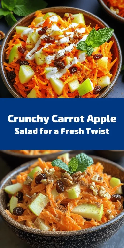 Delight your taste buds with this refreshing Crunchy Carrot Apple Delight! This easy recipe combines grated carrots, crisp apples, and sweet raisins for a healthy twist on a classic salad. Toss in some nuts for crunch and a creamy dressing of Greek yogurt, honey, and cinnamon. Perfect as a side dish or a light dessert, it’s a quick 15-minute prep that brings vibrant flavors together. Garnish with fresh mint for an extra touch!
