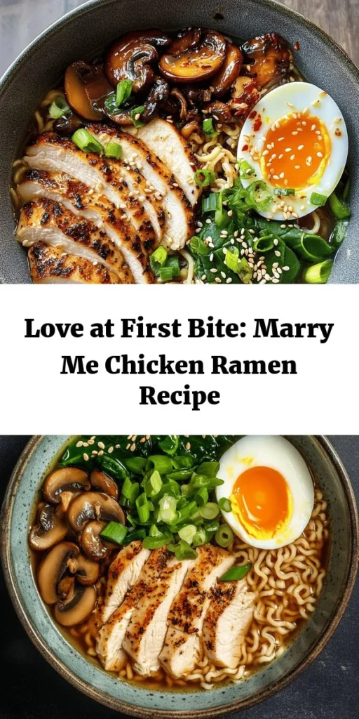 Indulge in the deliciousness of Marry Me Chicken Ramen! This easy recipe features juicy chicken breasts seasoned to perfection, simmered in a flavorful broth with tender mushrooms and vibrant spinach. Cook your ramen noodles to perfection and combine everything for a comforting bowl that’s ready in just 30 minutes. Top it off with soft-boiled eggs and sesame seeds for that perfect finishing touch. A meal that's sure to win hearts!