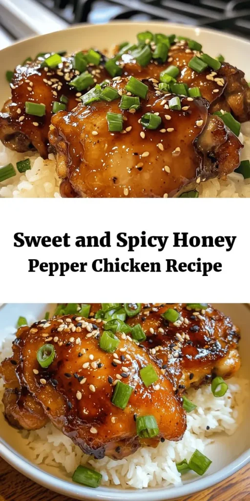 Savor the flavors of Sweet and Spicy Honey Pepper Chicken! This delicious recipe features juicy chicken thighs marinated in a delightful mix of honey, soy sauce, and sriracha, giving it the perfect balance of sweetness and spice. Easy to make and ready in under an hour, it’s a great weeknight dinner option. Garnish with sesame seeds and green onions for a beautiful finish. Serve it over rice or with grilled veggies for a complete meal! Enjoy this tasty dish that your family will love.