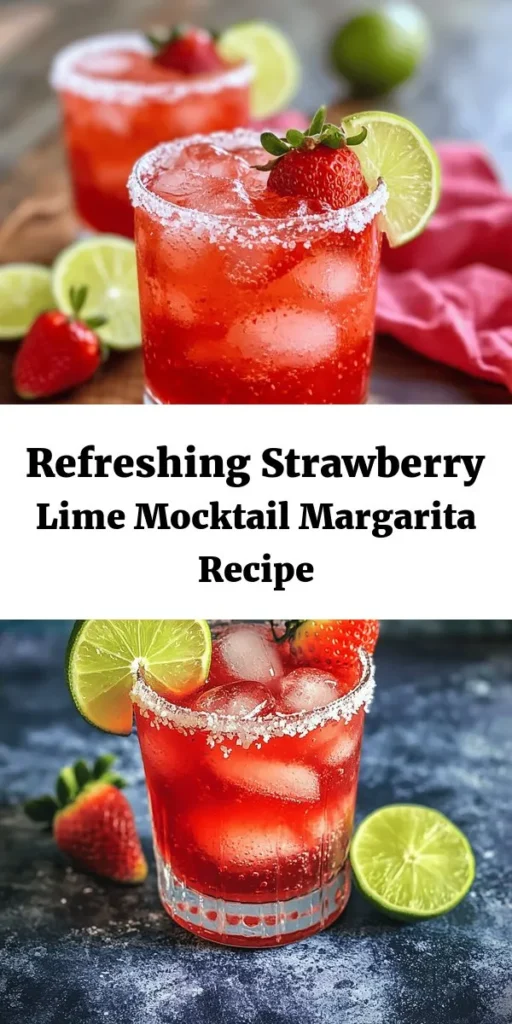 Cool down with this refreshing Strawberry Lime Mocktail Margarita! Made with fresh strawberries, zesty lime juice, and a touch of agave syrup, it’s the perfect non-alcoholic drink for any occasion. Just blend, strain, and mix with sparkling water for a bubbly treat. Rim your glasses with coarse salt for an extra fun touch, and don't forget the garnishes! This vibrant mocktail is easy to make and promises a burst of fruity flavor in every sip. Cheers!