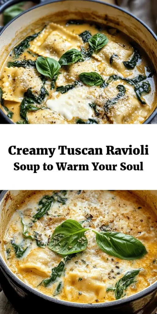 Warm up with this delicious Creamy Tuscan Ravioli Soup that's ready in just 30 minutes! Made with fresh ingredients like onion, garlic, and baby spinach, this hearty soup features delightful cheese ravioli swimming in a rich and creamy broth. Perfect for chilly nights or a cozy dinner, it’s easy to prepare and packed with flavor. Top it off with fresh basil and extra Parmesan for a finishing touch. Serve up comfort in a bowl tonight!