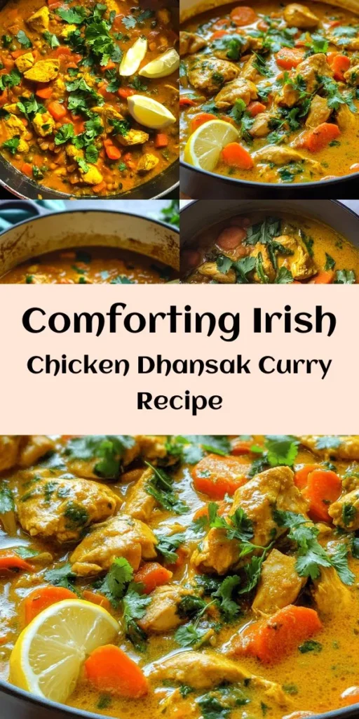 Bring the warmth of Ireland to your kitchen with this Hearty Irish Chicken Dhansak Curry! This flavorful dish features tender chicken, protein-packed lentils, and vibrant veggies simmered in creamy coconut milk and aromatic spices. Perfect for family dinners or cozy nights in, it’s easy to make with just a few simple steps. Garnish with fresh coriander and serve with basmati rice or naan for a delightful meal everyone will love.
