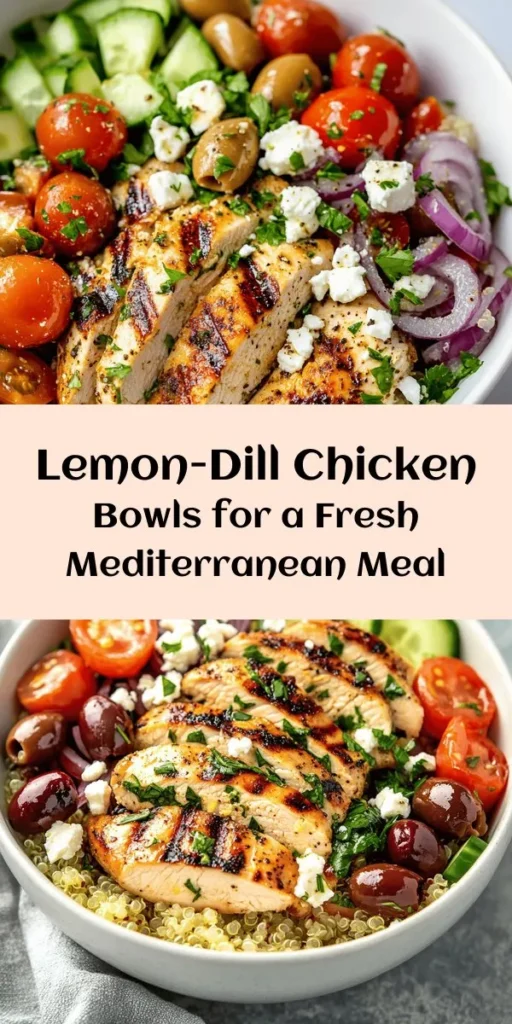 Savor the flavors of the Mediterranean with these Lemon-Dill Chicken Bowls! This recipe features marinated grilled chicken atop a bed of fluffy quinoa, complemented by fresh veggies like cherry tomatoes, cucumbers, and red onions. Topped with crumbled feta and Kalamata olives, these bowls are not only delicious but also perfect for meal prep. Easy to make and bursting with flavor, this dish is a wholesome choice for any day of the week! Enjoy a taste of the Mediterranean at home.