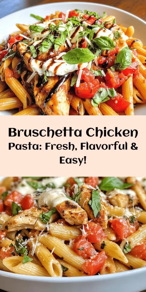 Elevate your weeknight dinner with this delicious Bruschetta Chicken Pasta! This easy recipe features al dente penne pasta tossed with succulent chicken, fresh tomatoes, fragrant basil, and gooey mozzarella. A quick sautéing brings the vibrant flavors together, making it a perfect comforting meal. Serve this dish topped with Parmesan and fresh basil for a delightful finish. Enjoy it in just 30 minutes, perfect for busy nights!