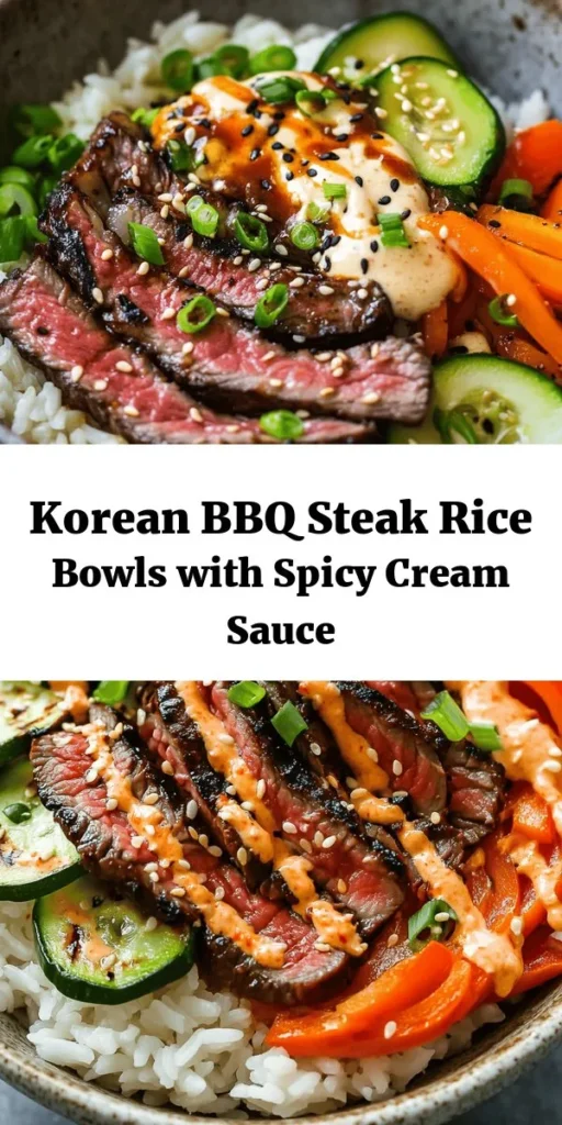 Whip up a delicious Korean BBQ Steak Rice Bowl with Spicy Cream Sauce in just 40 minutes! Tender flank steak marinated in a flavorful blend of soy sauce, gochujang, and spices is paired with fragrant jasmine rice and vibrant sautéed veggies. Finish it off with a zesty spicy cream sauce for an added kick. Perfect for a quick weeknight dinner or meal prep. This recipe serves 4 and is sure to impress! Try it today!