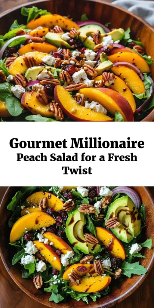 Indulge in the freshness of summertime with this delightful Millionaire Peach Salad! This vibrant dish combines juicy peaches, mixed greens, creamy avocado, and tangy feta cheese for a tasty twist. Crunchy pecans and sweet dried cranberries add texture and flavor, while a simple balsamic glaze dressing ties it all together. Perfect as a refreshing side or a light meal, this salad is quick to prepare and guaranteed to impress. Enjoy the taste of luxury on your plate!