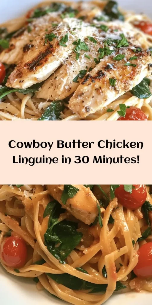 Whip up a delightful meal in just 30 minutes with this Easy Cowboy Butter Chicken Linguine! Featuring tender chicken, fresh spinach, and juicy cherry tomatoes, this dish comes together with the rich flavors of cowboy butter and a touch of garlic. Perfect for a quick dinner, it’s elegantly garnished with parsley and parmesan. Get ready to enjoy a scrumptious pasta dish that’s sure to impress your family and friends!